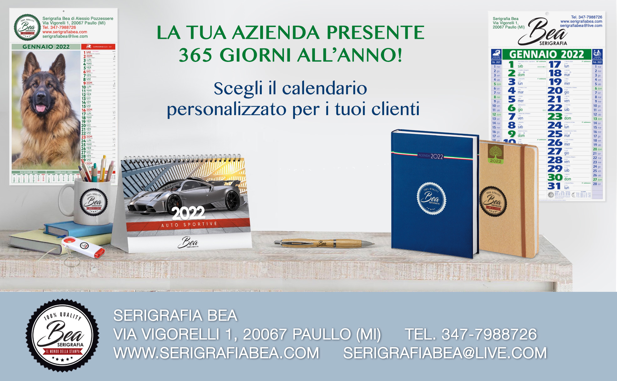 ordina calendari personalizzati sul nostro sito serigrafia bea Paullo, Zelo, Pantigliate,